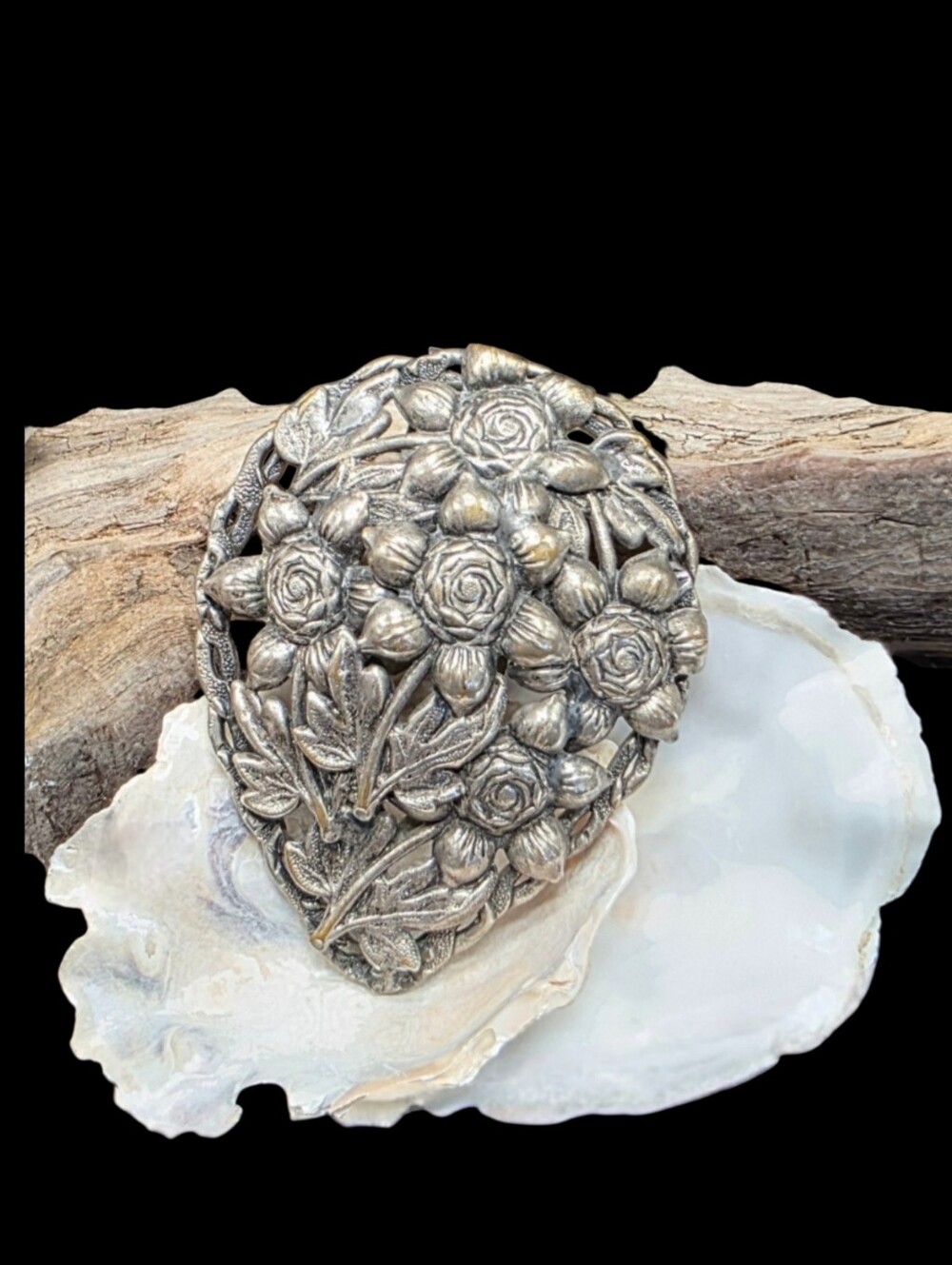 Vintage 1930s 1940s Silver Tone Rose Floral Dress Clip 3" x 2.5"